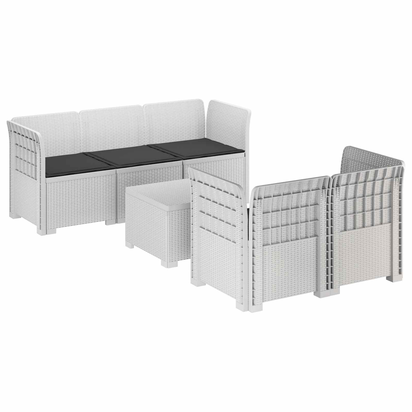 vidaXL 5-Sitzer Gartensofa mit Kissen Rattan-Look PP Weiß