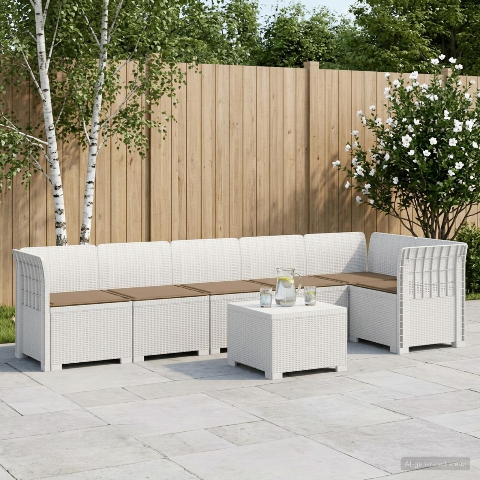 vidaXL 6-Sitzer Garten Sofa mit Kissen Rattan Look PP Weiß