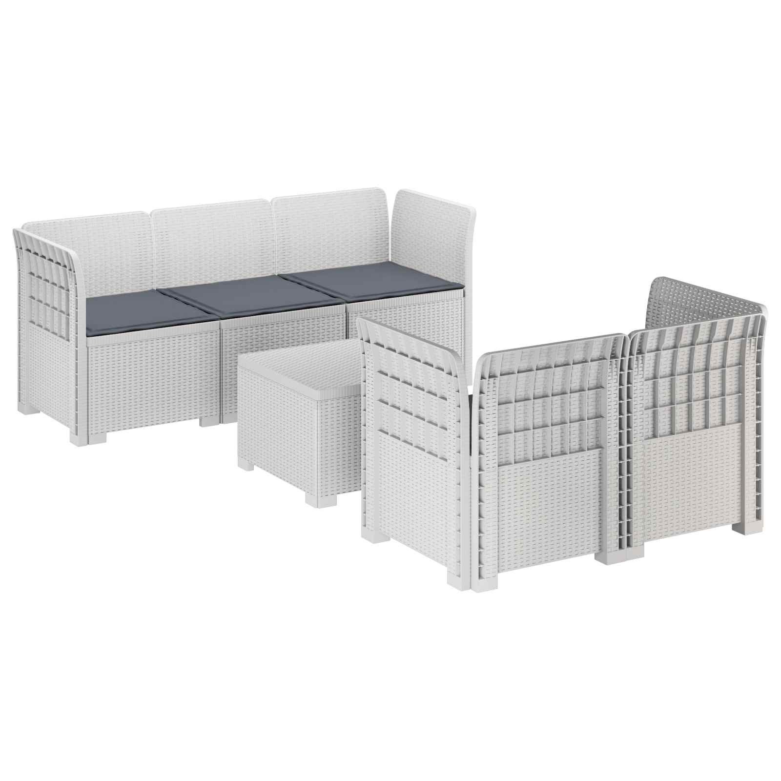 vidaXL 5-Sitzer Gartensofa mit Kissen Rattan-Look PP Weiß