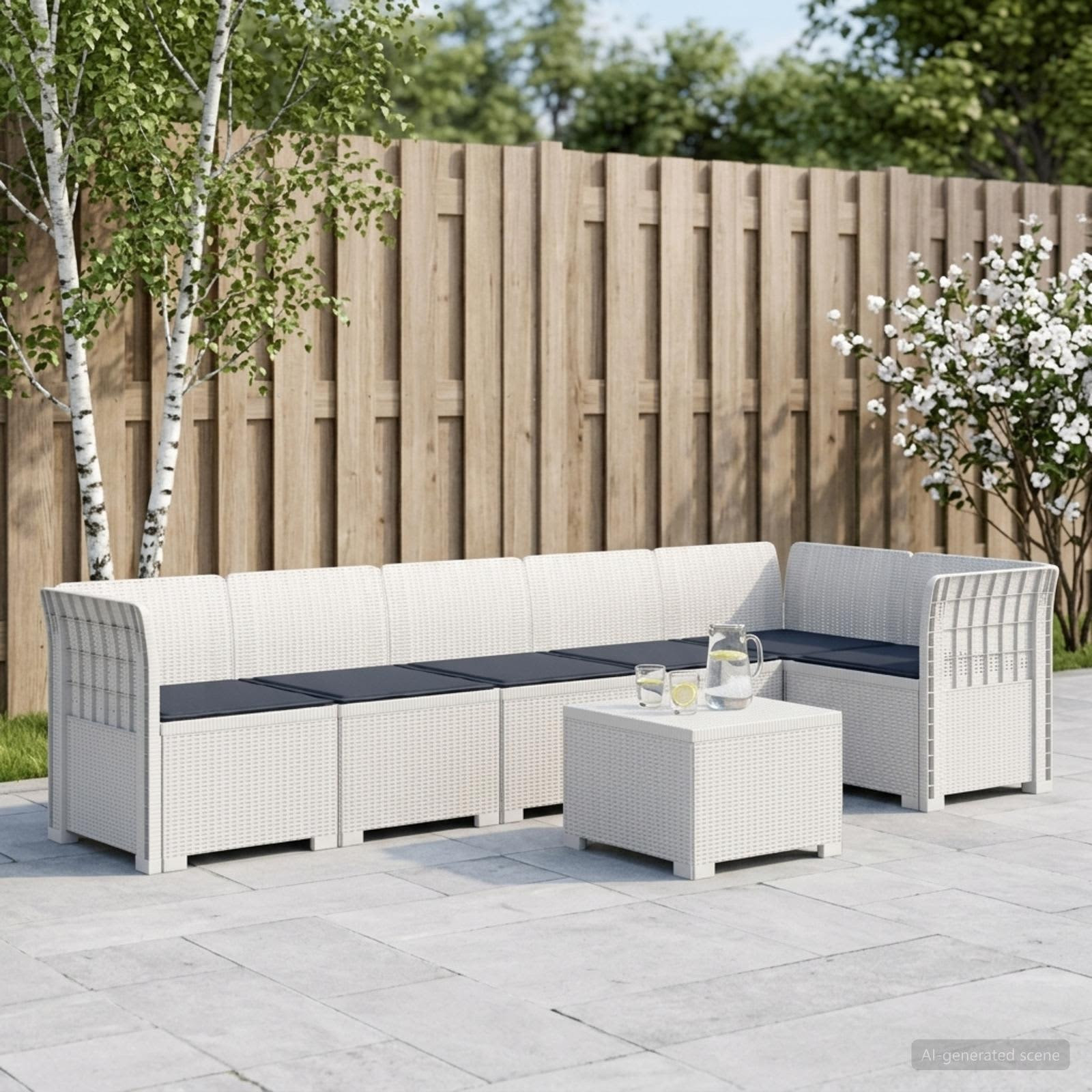 vidaXL 6-Sitzer Garten Sofa mit Kissen Rattan Look PP Weiß