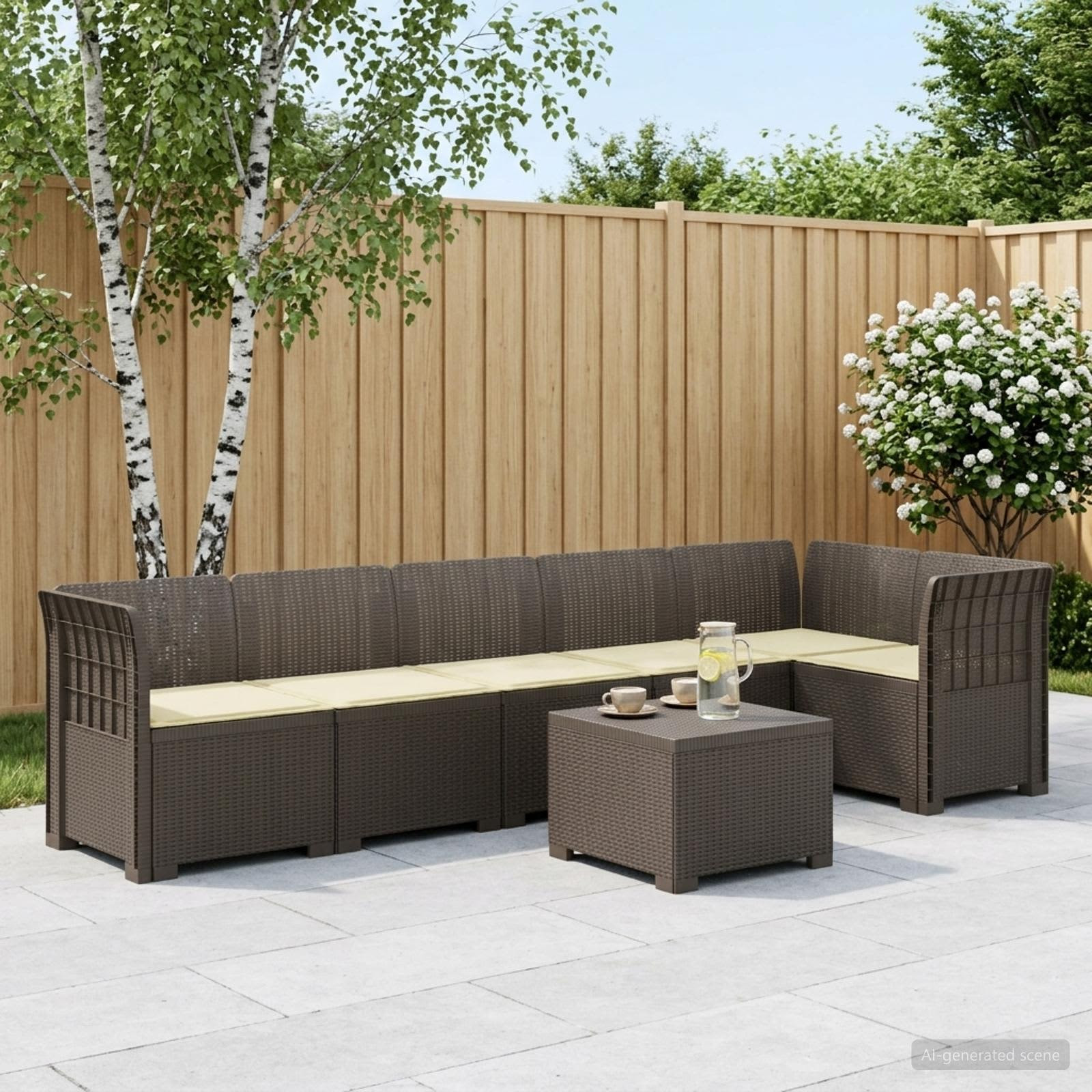vidaXL 6-Sitzer Garten Sofa mit Kissen Rattan Look PP Hellgrau