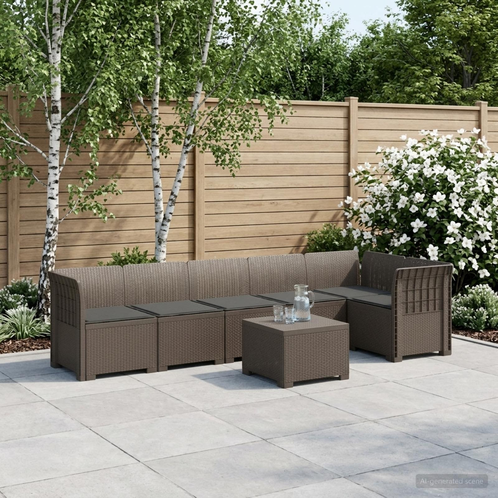 vidaXL 6-Sitzer Garten Sofa mit Kissen Rattan Look PP Hellgrau