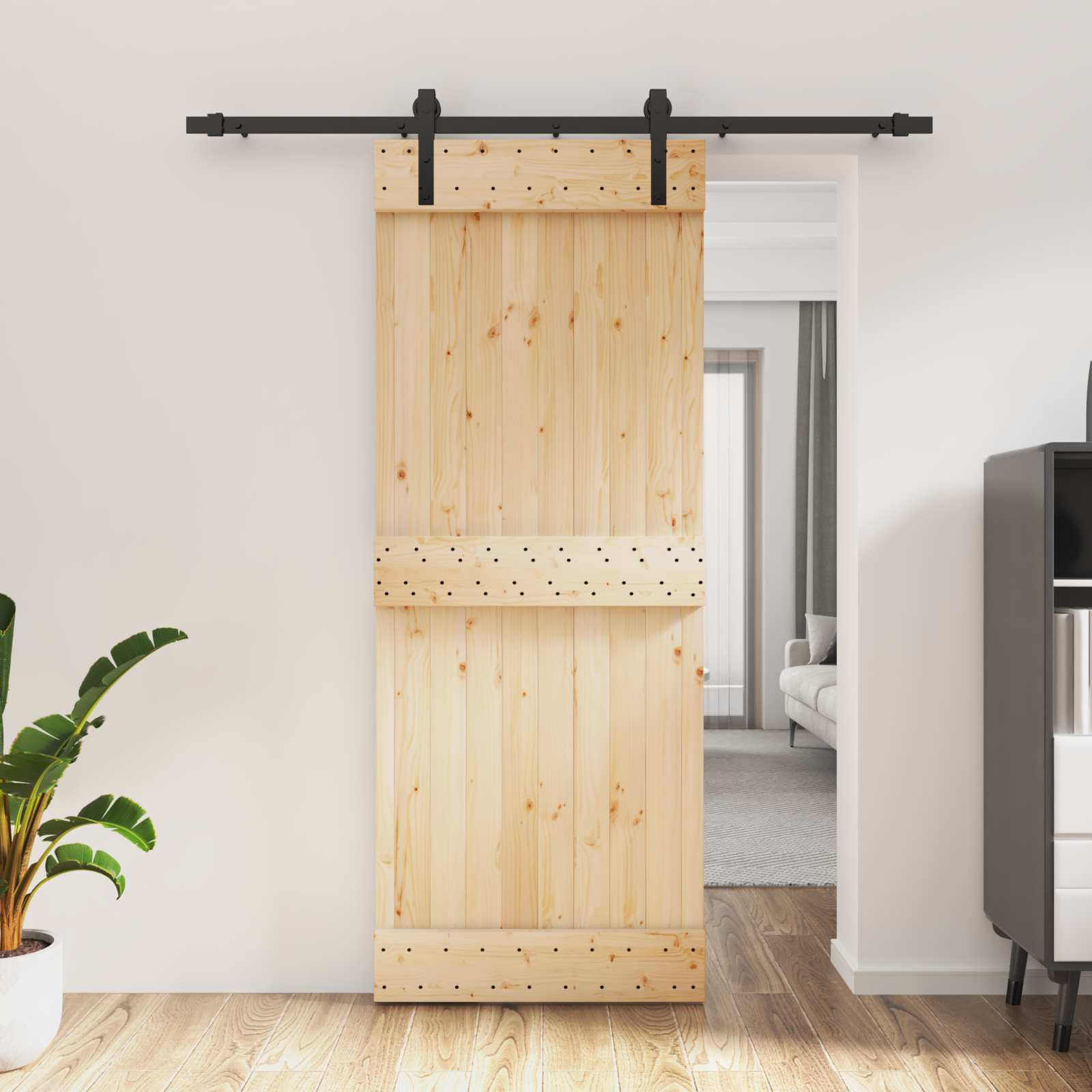 vidaXL Schiebetür Natürlich und Schwarz 80 x 210 cm Massivkiefer