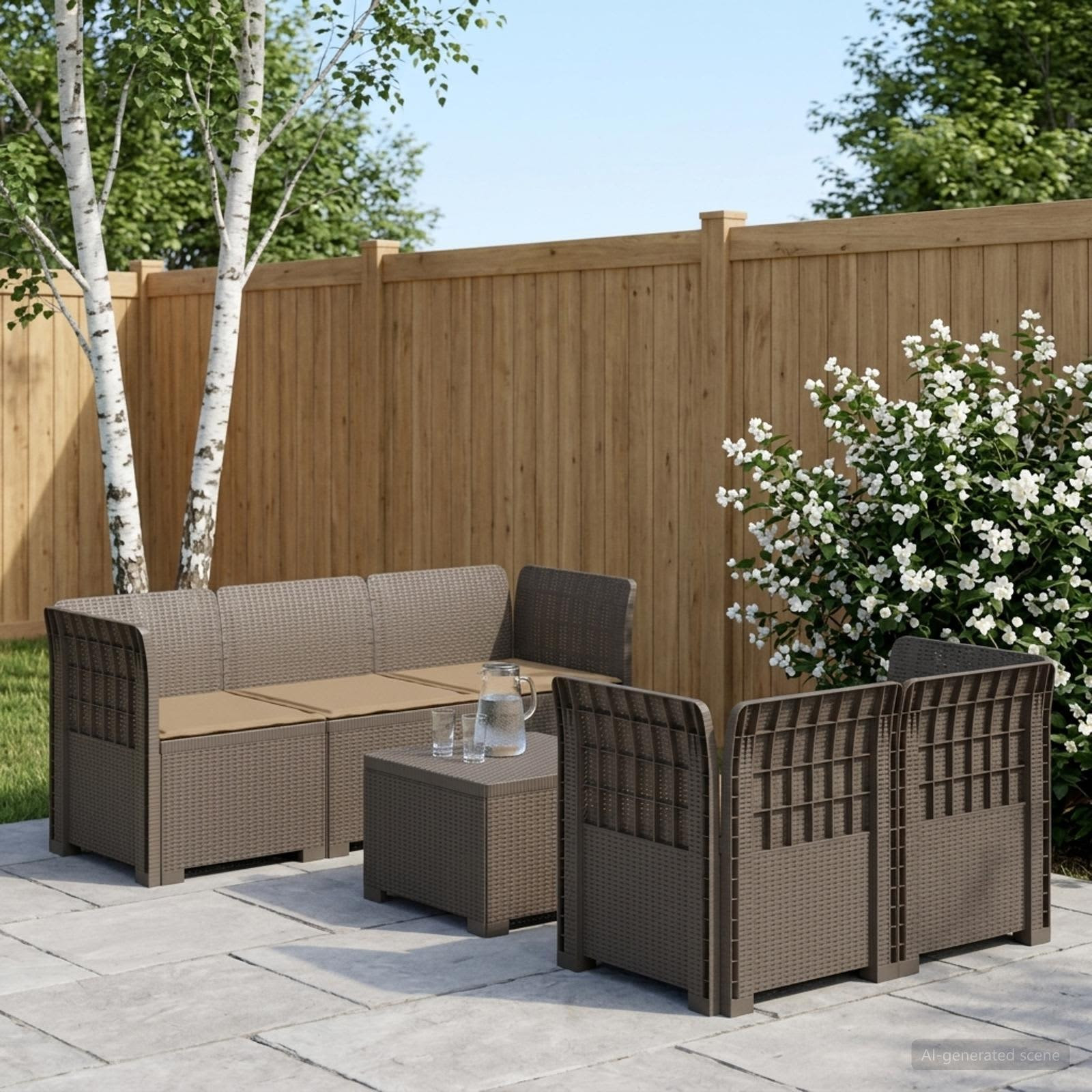 vidaXL 5-Sitzer Gartensofa mit Kissen Rattan-Look PP Hellgrau