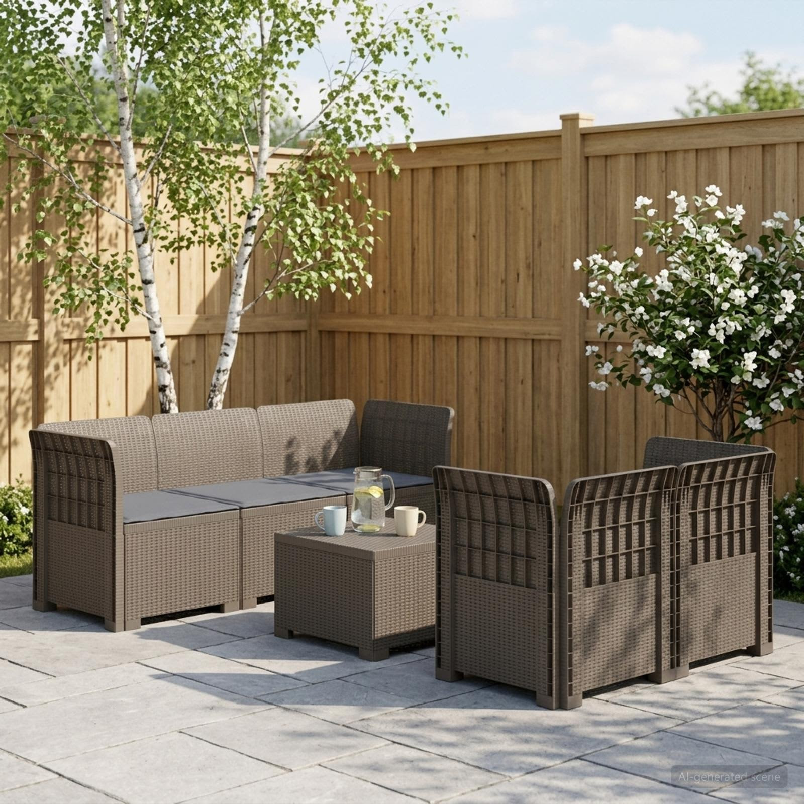 vidaXL 5-Sitzer Gartensofa mit Kissen Rattan-Look PP Hellgrau