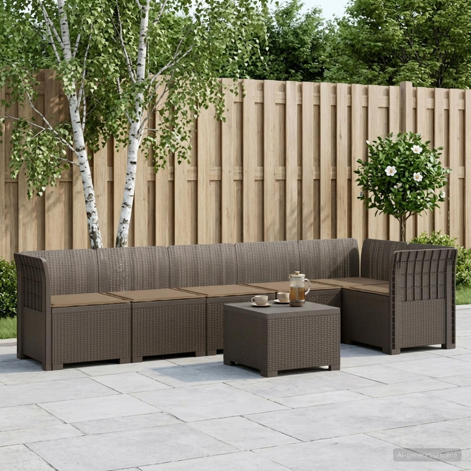 vidaXL 6-Sitzer Garten Sofa mit Kissen Rattan Look PP Hellgrau