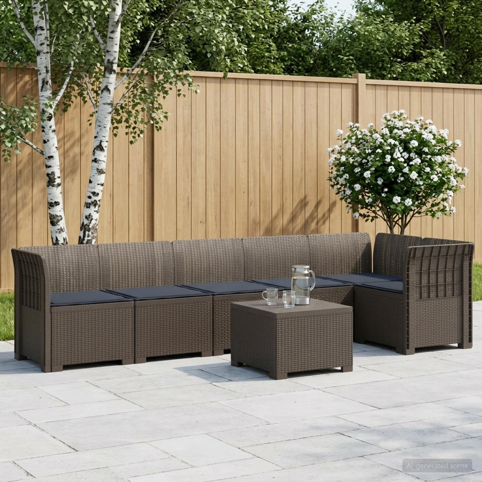 vidaXL 6-Sitzer Garten Sofa mit Kissen Rattan Look PP Hellgrau