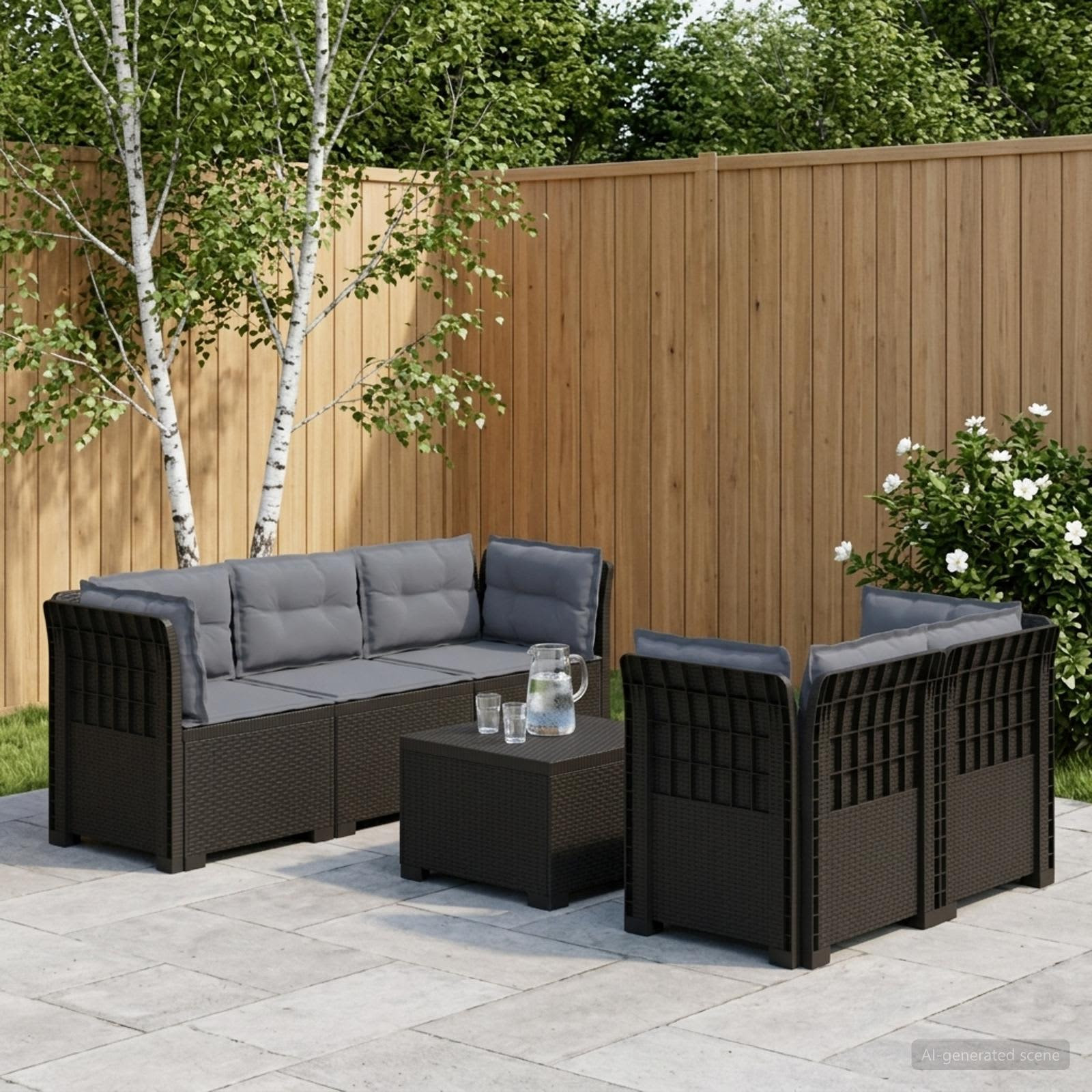 vidaXL 5-Sitzer Gartensofa mit Kissen Rattan-Look PP Anthrazit