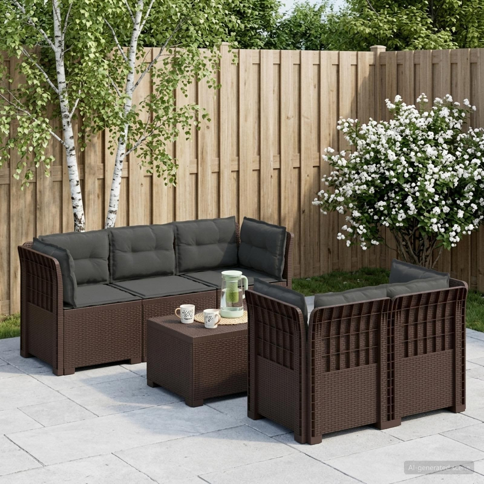 vidaXL 5-Sitzer Gartensofa mit Kissen Rattan-Look PP Braun
