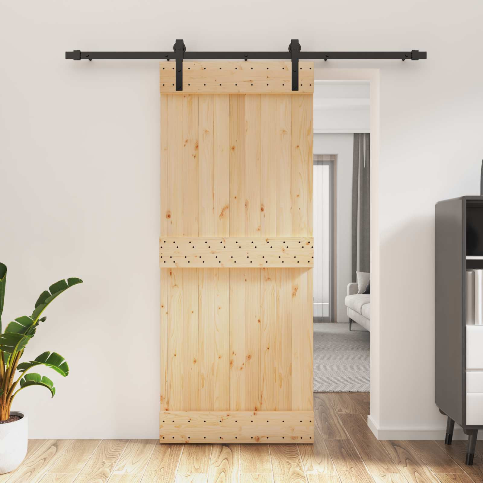 vidaXL Schiebetür Natürlich und Schwarz 85 x 210 cm Massivkiefer