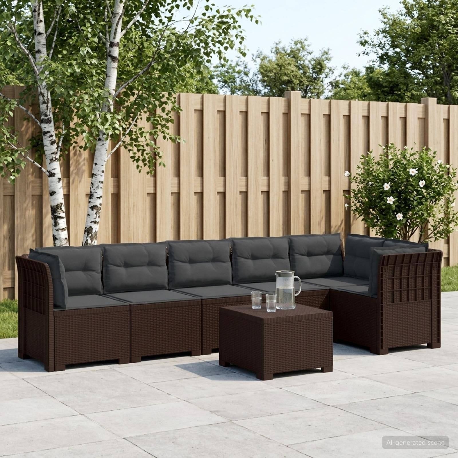 vidaXL 6-Sitzer Garten Sofa mit Kissen Rattan Look PP Braun