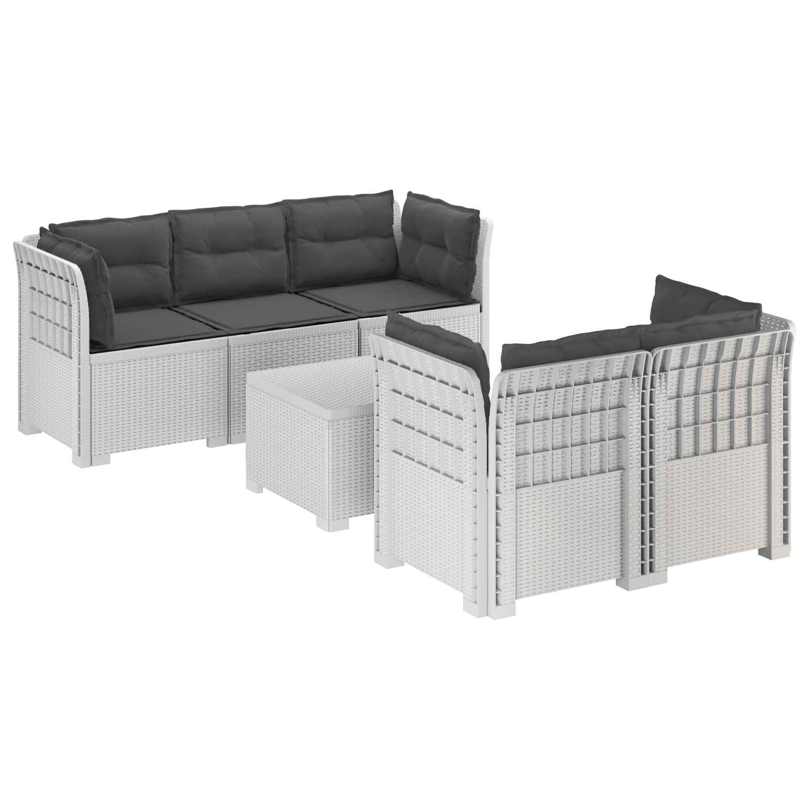 vidaXL 5-Sitzer Gartensofa mit Kissen Rattan-Look PP Weiß