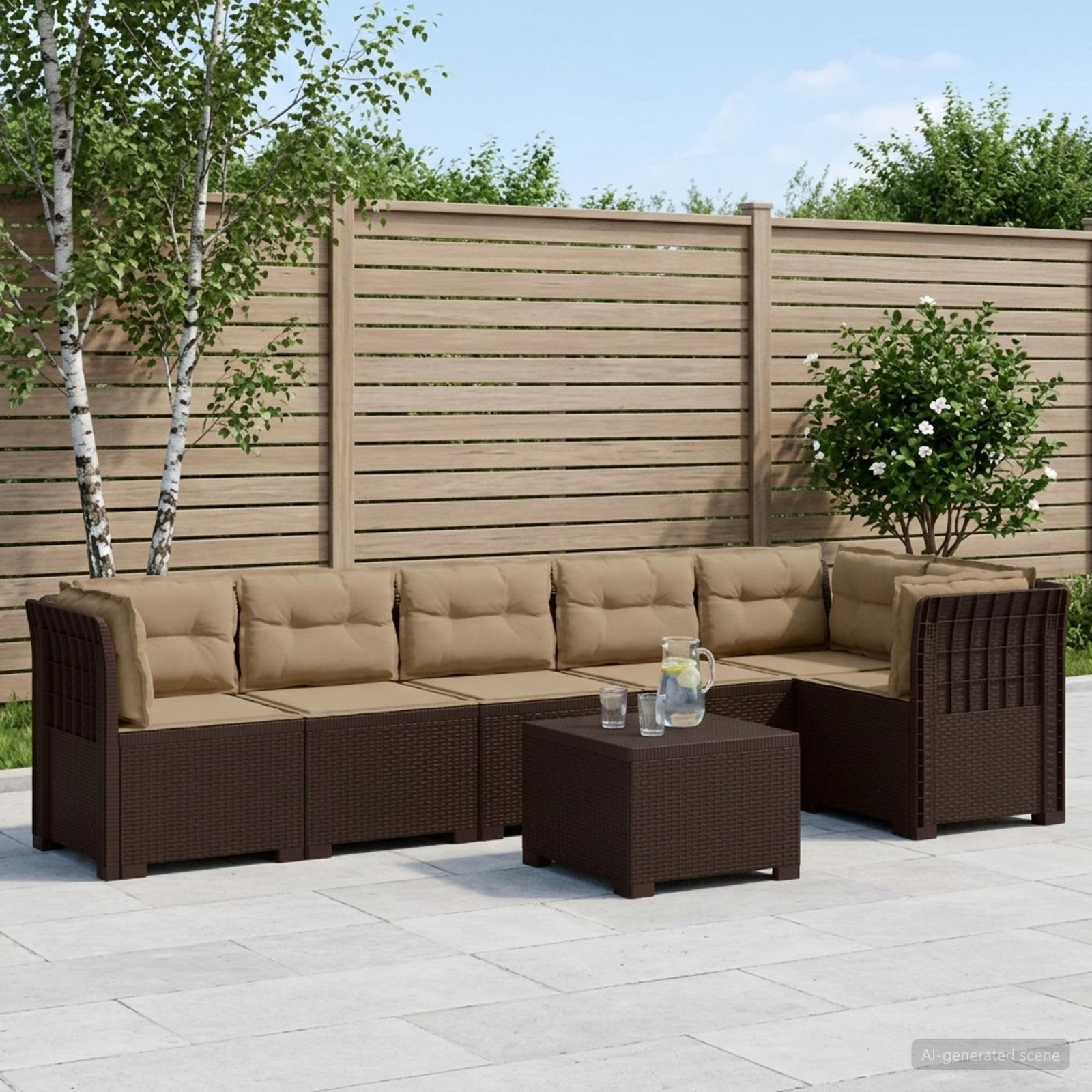 vidaXL 6-Sitzer Garten Sofa mit Kissen Rattan Look PP Braun