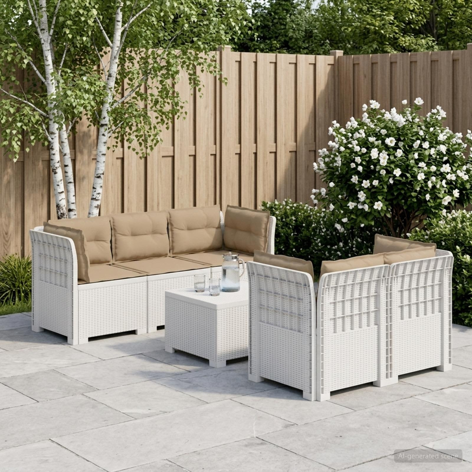 vidaXL 5-Sitzer Gartensofa mit Kissen Rattan-Look PP Weiß