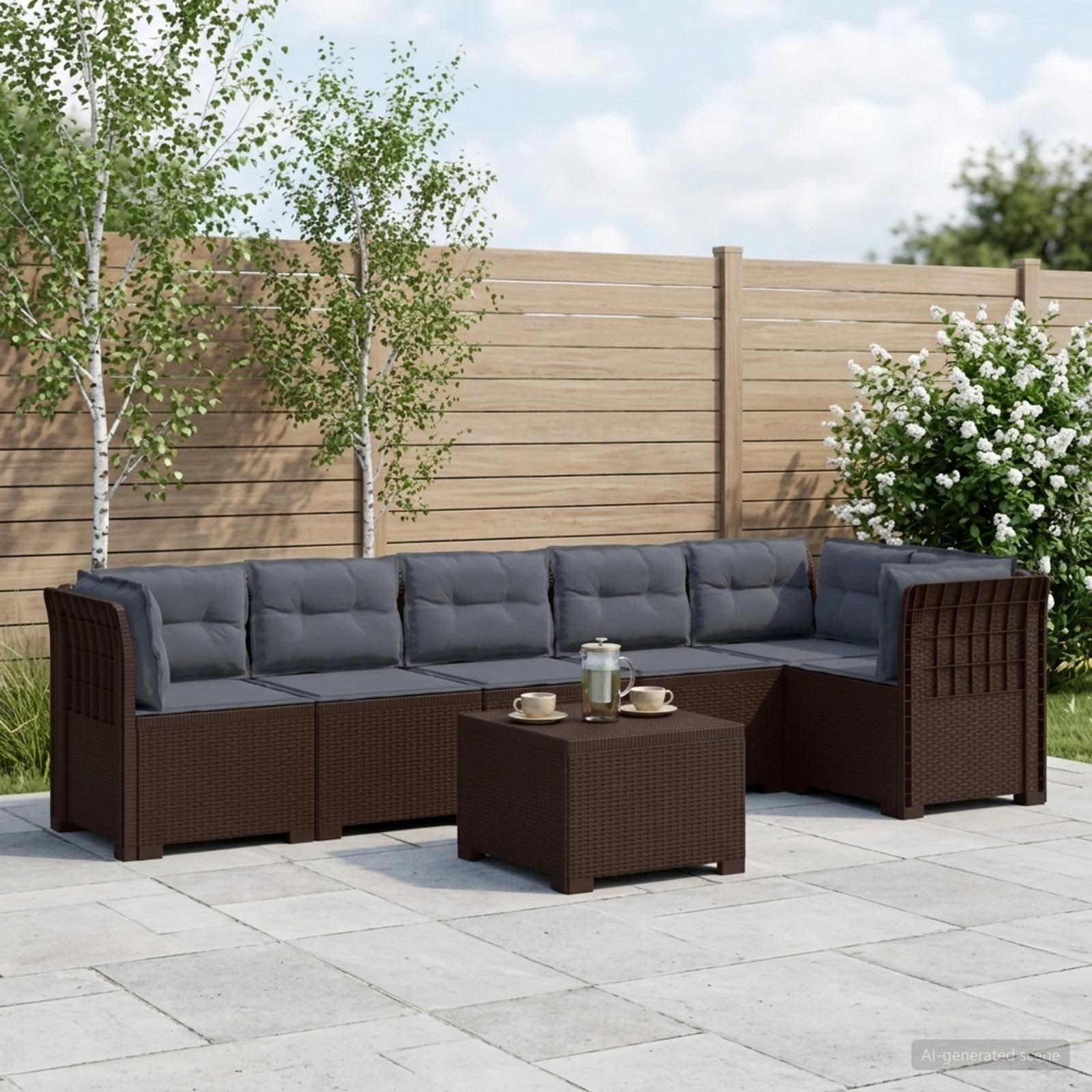 vidaXL 6-Sitzer Garten Sofa mit Kissen Rattan Look PP Braun