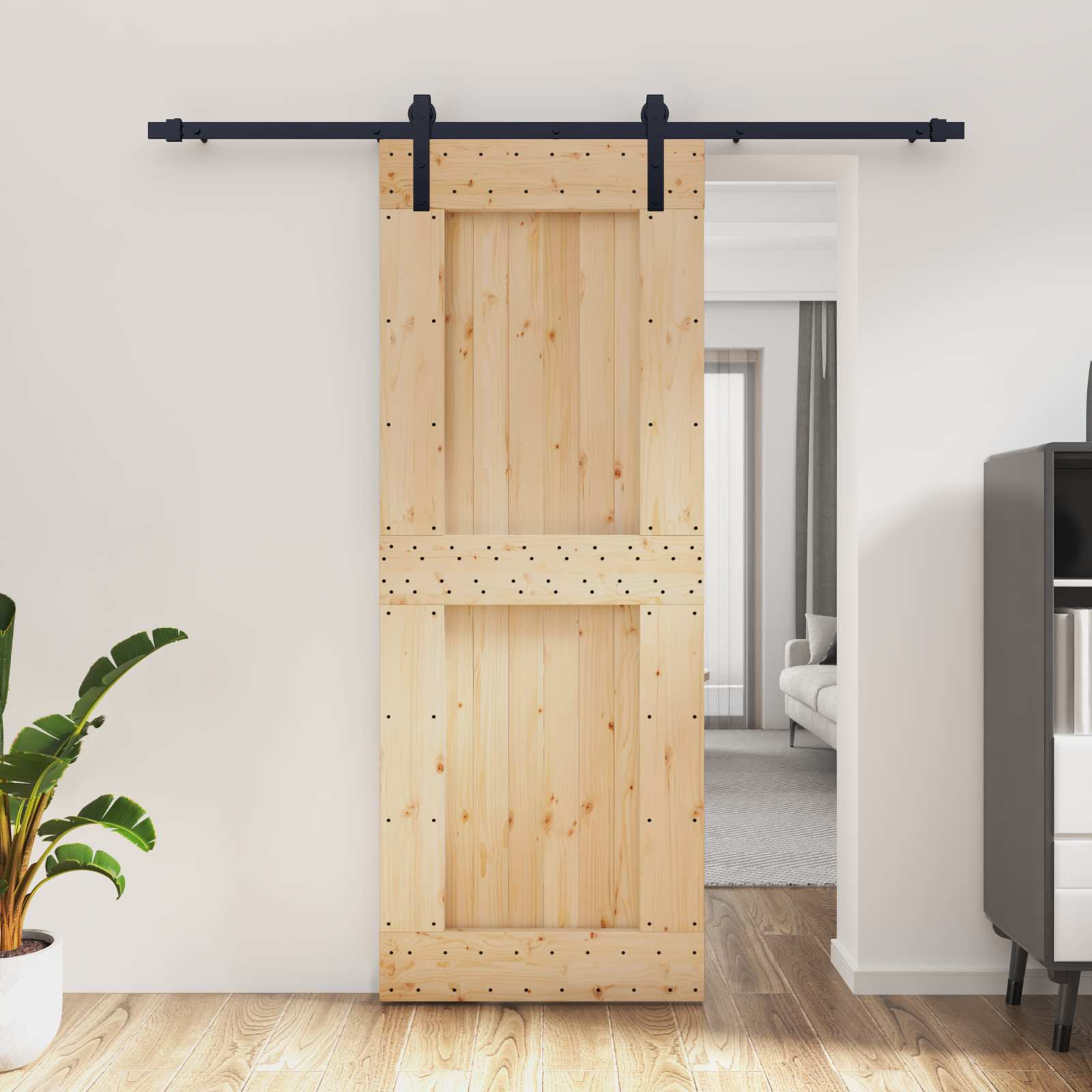vidaXL Schiebetür Natürlich und Schwarz 80 x 210 cm Massivkiefer