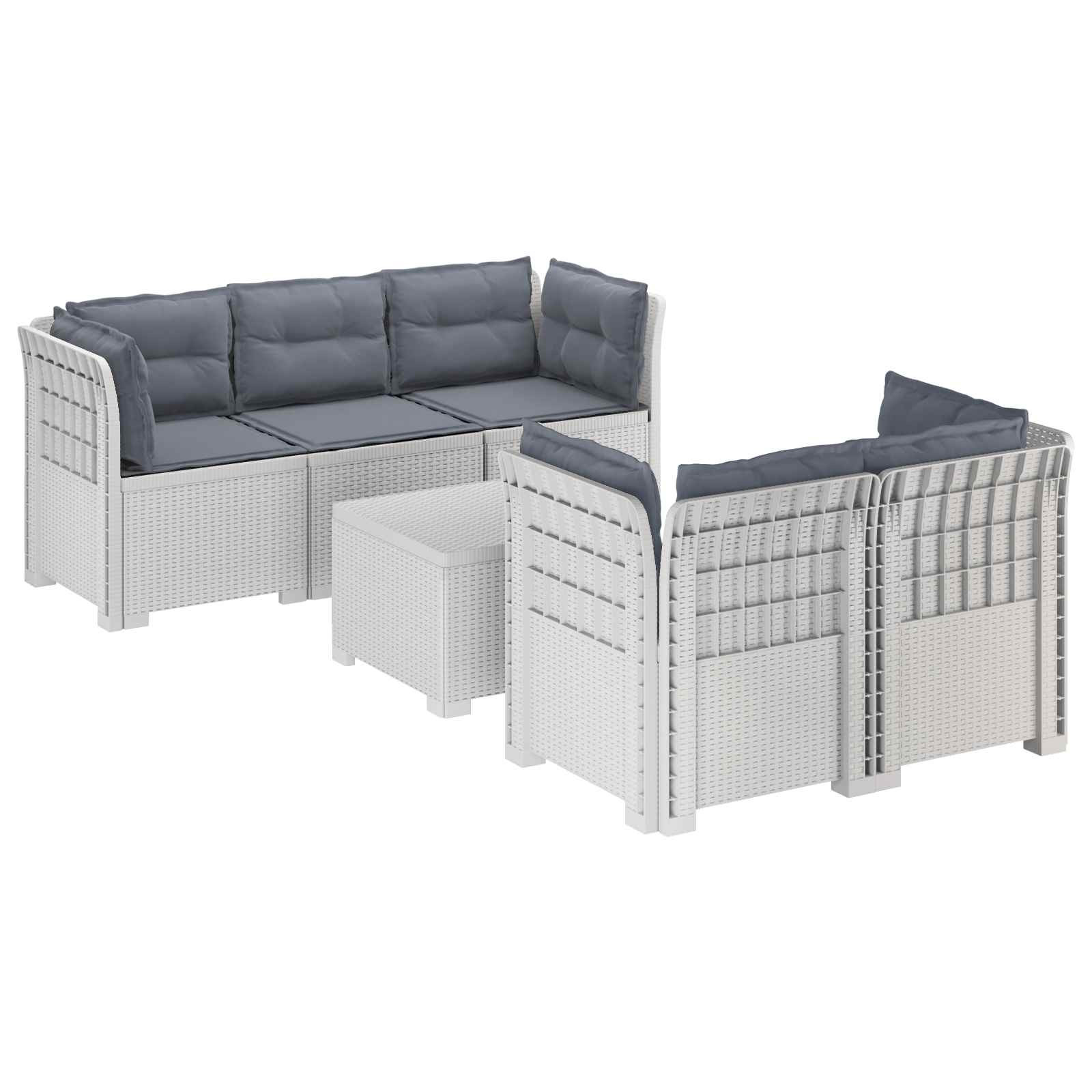 vidaXL 5-Sitzer Gartensofa mit Kissen Rattan-Look PP Weiß