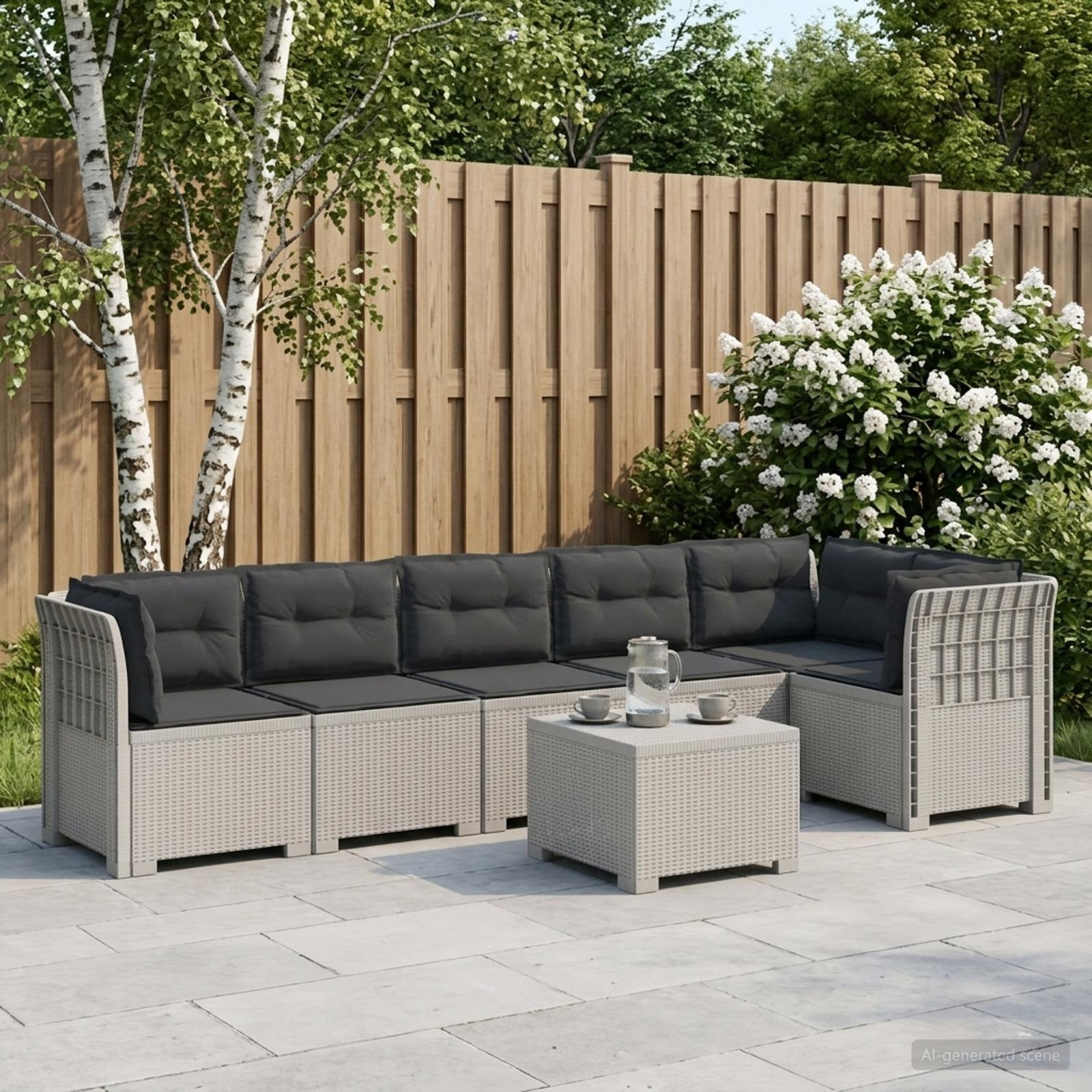 vidaXL 6-Sitzer Garten Sofa mit Kissen Rattan Look PP Weiß