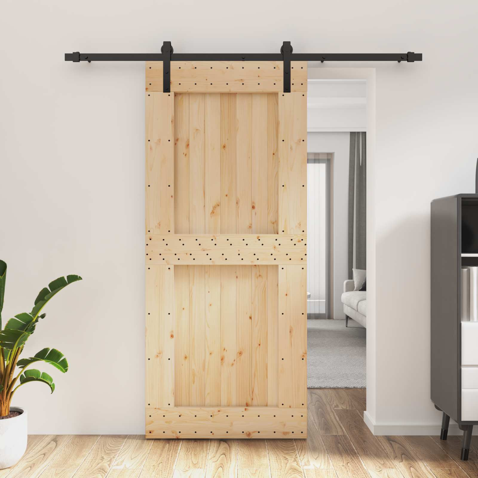 vidaXL Schiebetür Natürlich und Schwarz 90 x 210 cm Massivkiefer