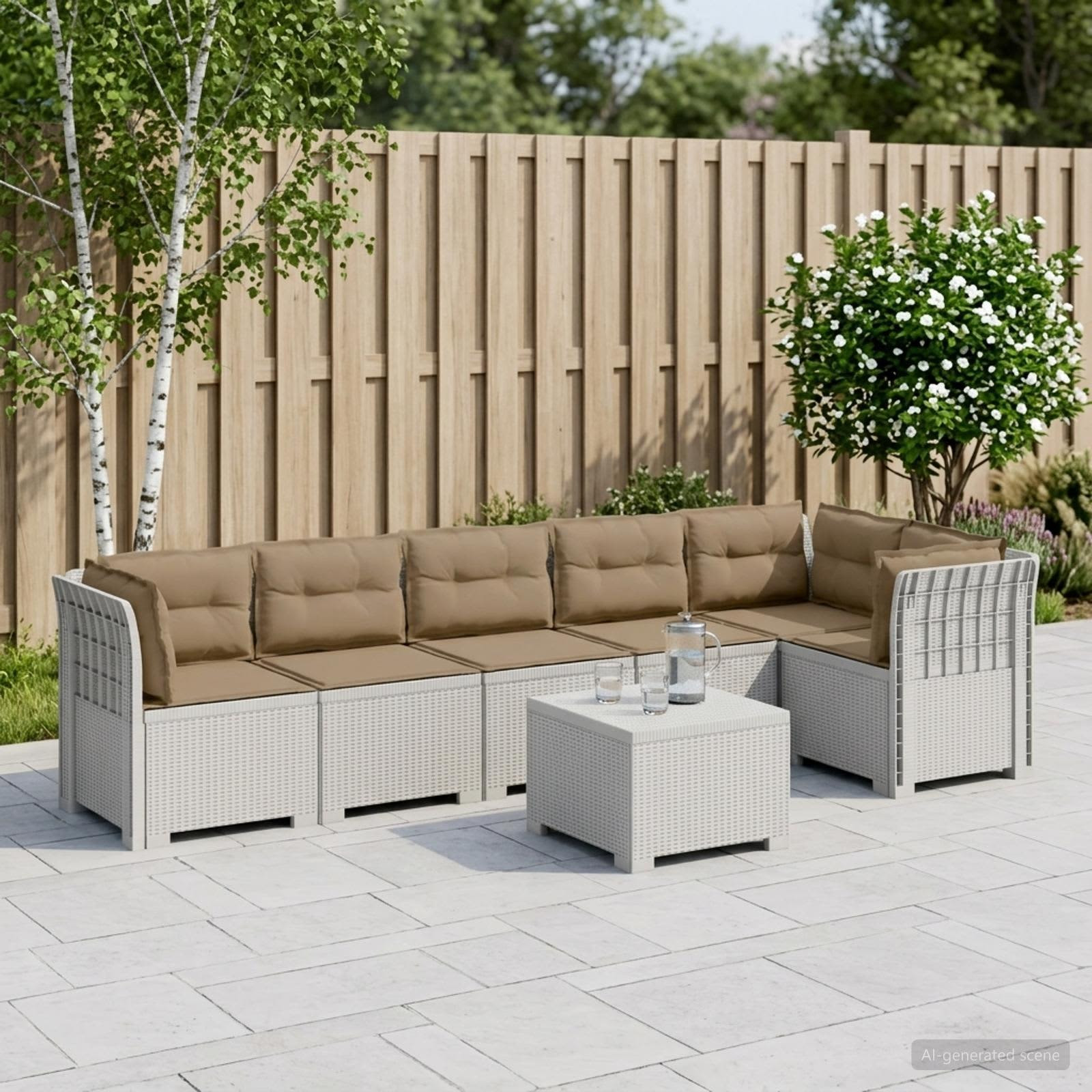 vidaXL 6-Sitzer Garten Sofa mit Kissen Rattan Look PP Weiß