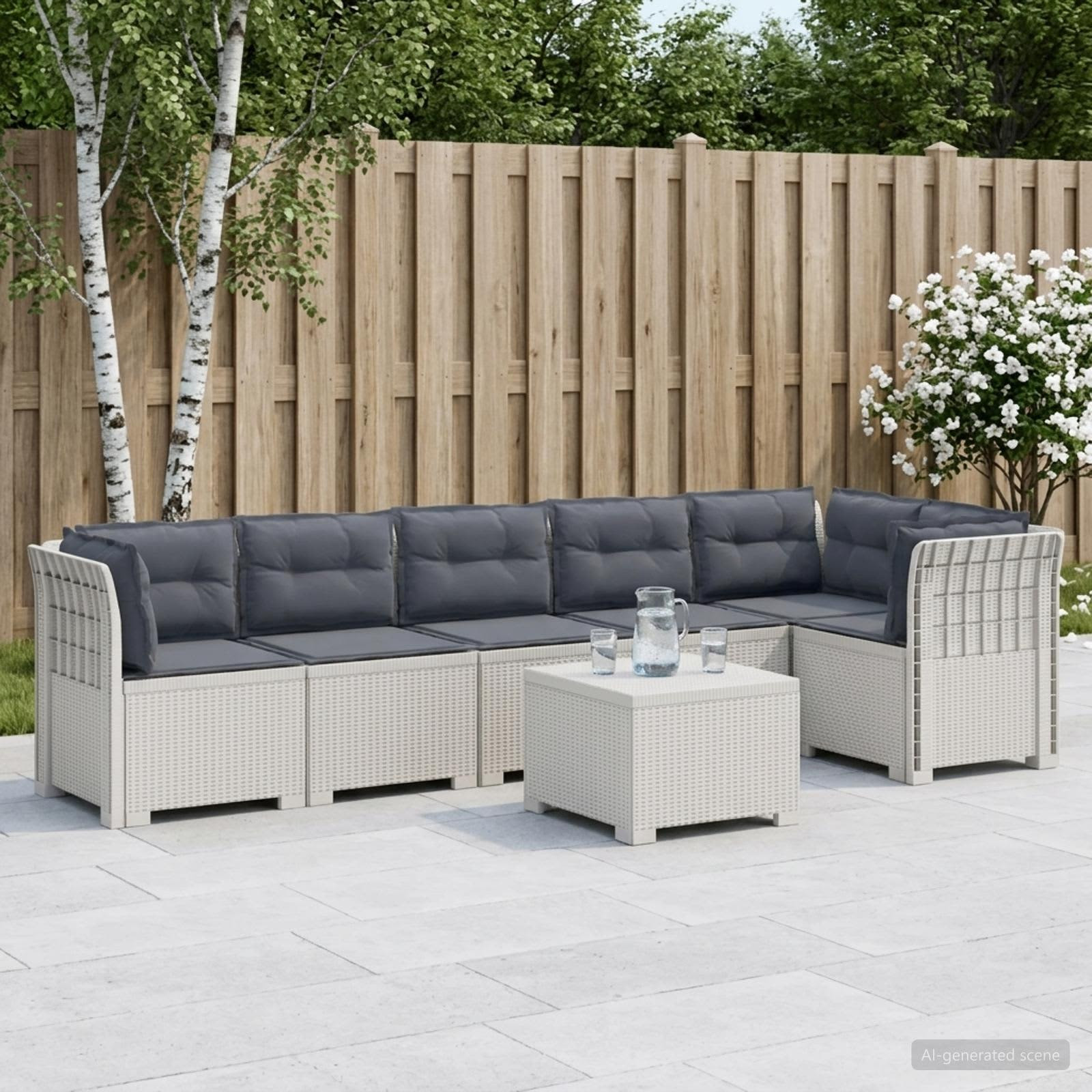 vidaXL 6-Sitzer Garten Sofa mit Kissen Rattan Look PP Weiß