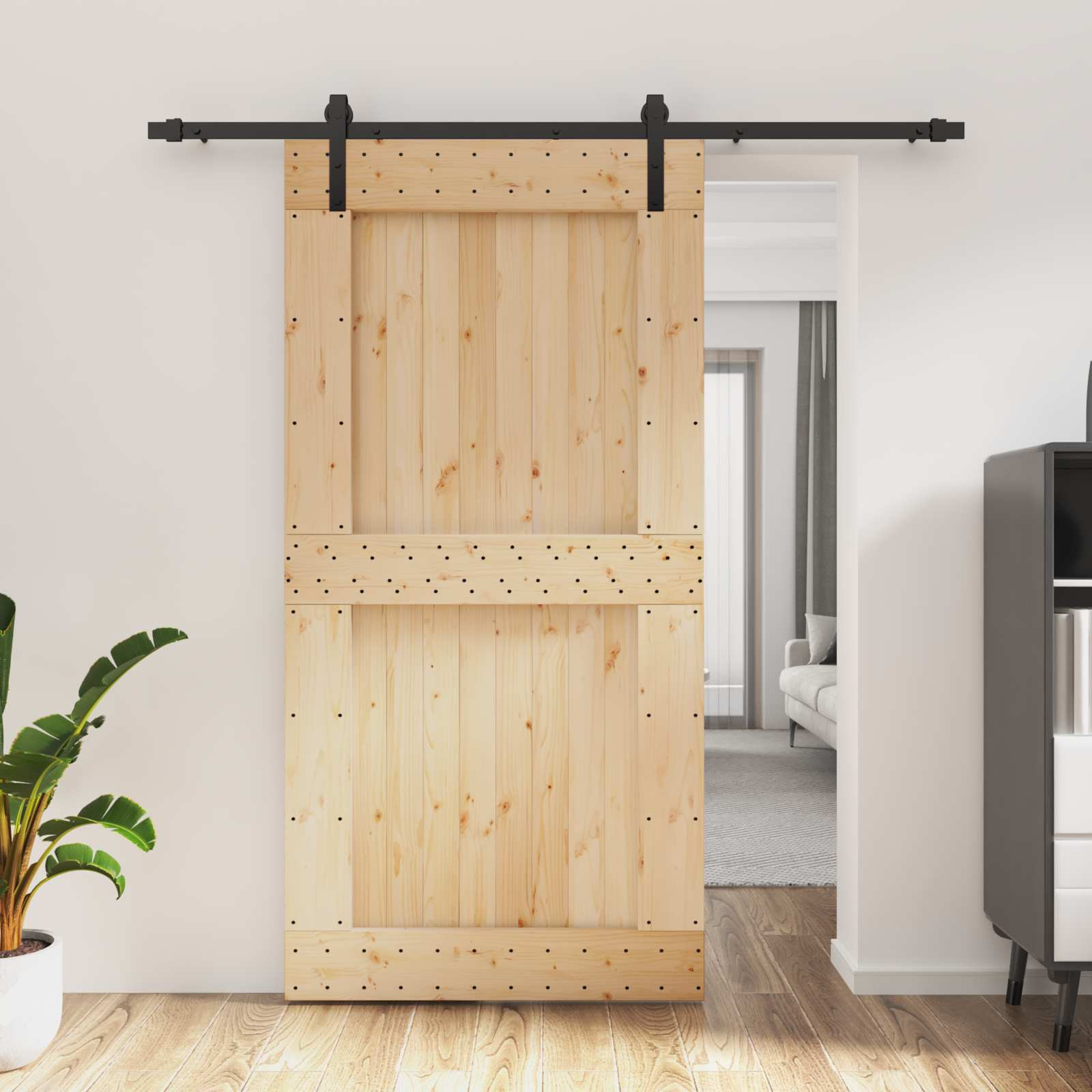 vidaXL Schiebetür Natürlich und Schwarz 100 x 210 cm Massivkiefer