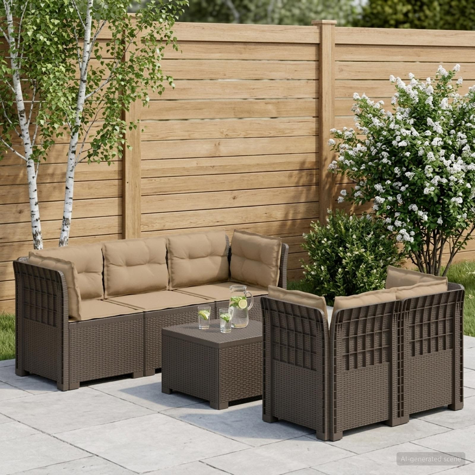 vidaXL 5-Sitzer Gartensofa mit Kissen Rattan-Look PP Hellgrau