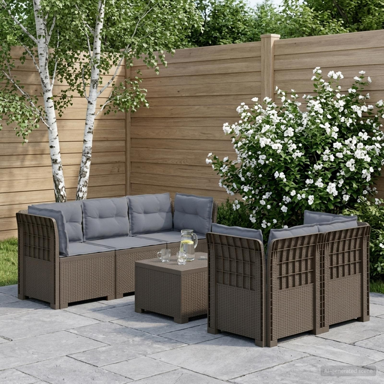 vidaXL 5-Sitzer Gartensofa mit Kissen Rattan-Look PP Hellgrau