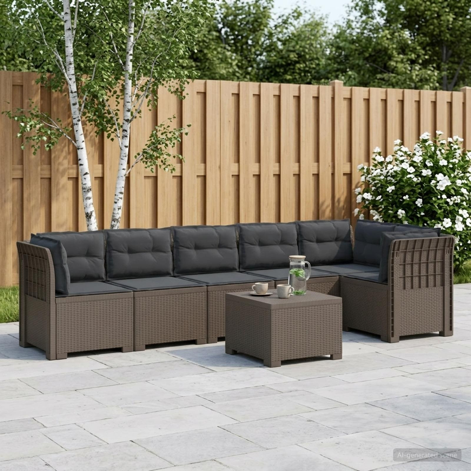 vidaXL 6-Sitzer Garten Sofa mit Kissen Rattan Look PP Hellgrau