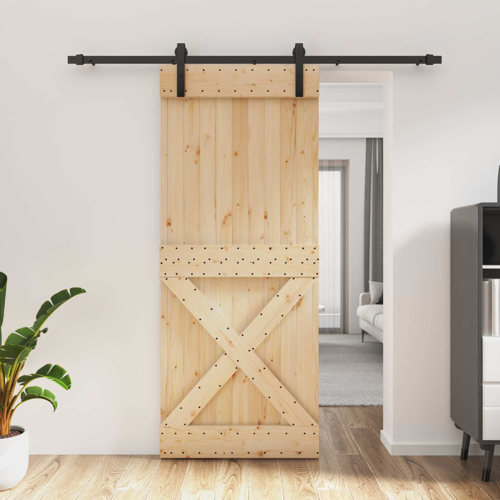 vidaXL Schiebetür Natürlich und Schwarz 85 x 210 cm Massivkiefer
