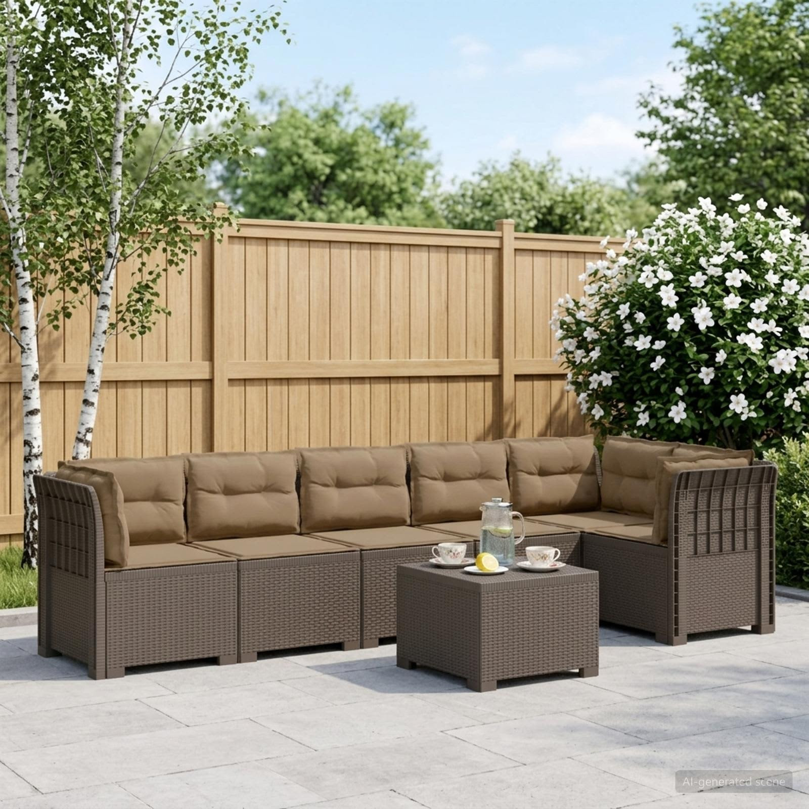vidaXL 6-Sitzer Garten Sofa mit Kissen Rattan Look PP Hellgrau
