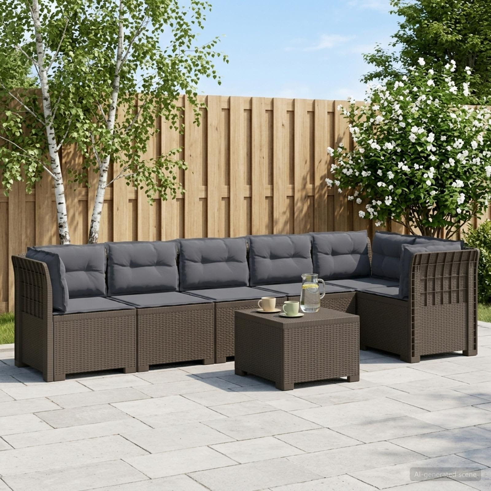 vidaXL 6-Sitzer Garten Sofa mit Kissen Rattan Look PP Hellgrau