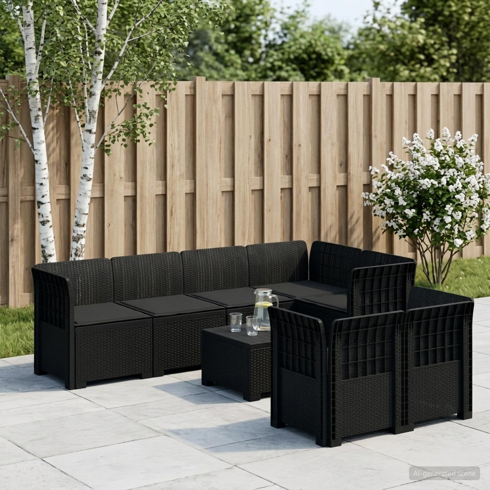 vidaXL 7-Sitzer Gartensofa mit Kissen Rattan-Look PP Anthrazit