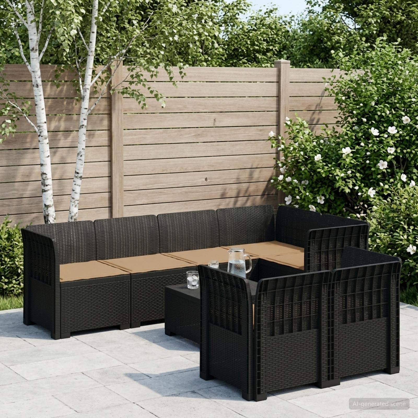 vidaXL 7-Sitzer Gartensofa mit Kissen Rattan-Look PP Anthrazit