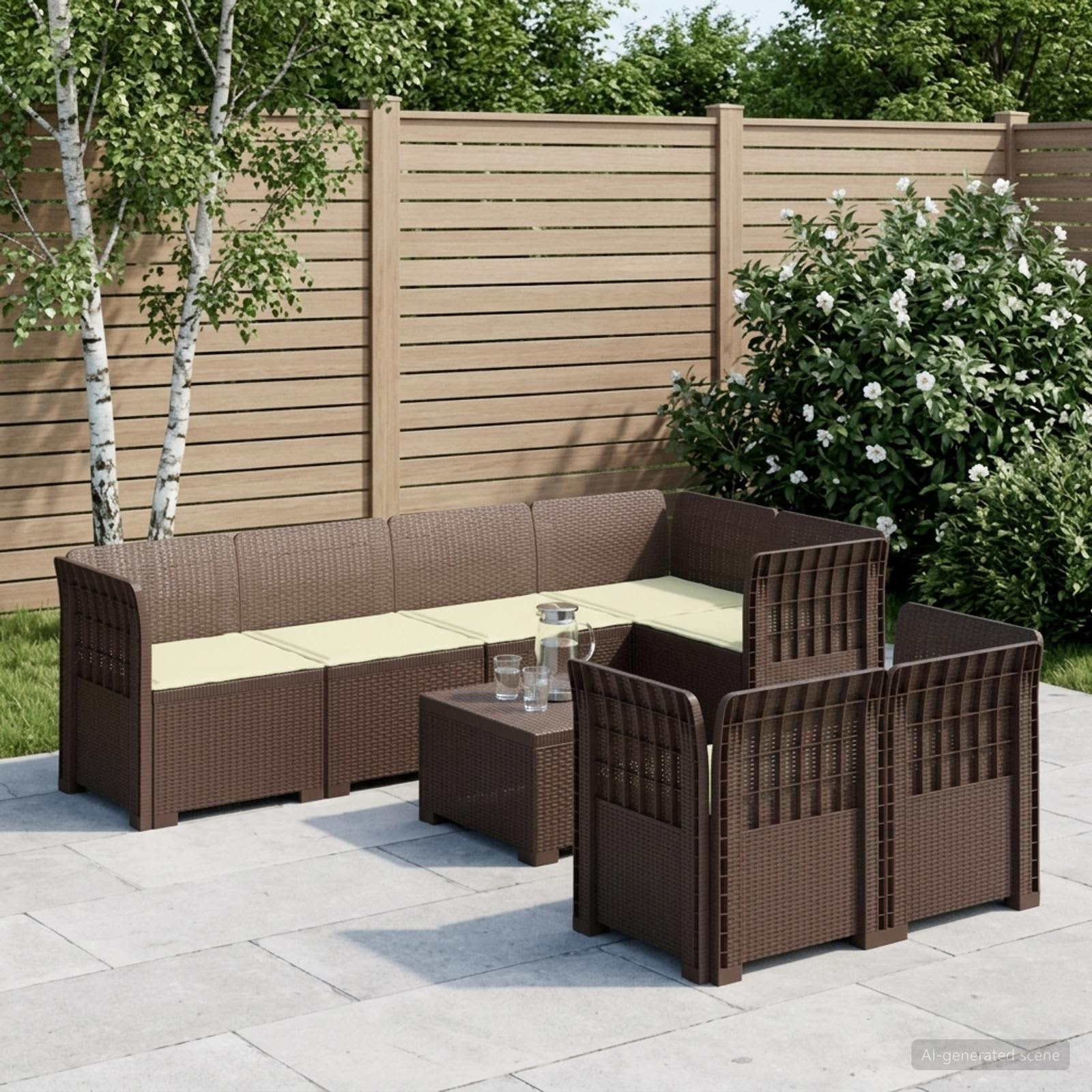 vidaXL 7-Sitzer Gartensofa mit Kissen Rattan-Look PP Braun