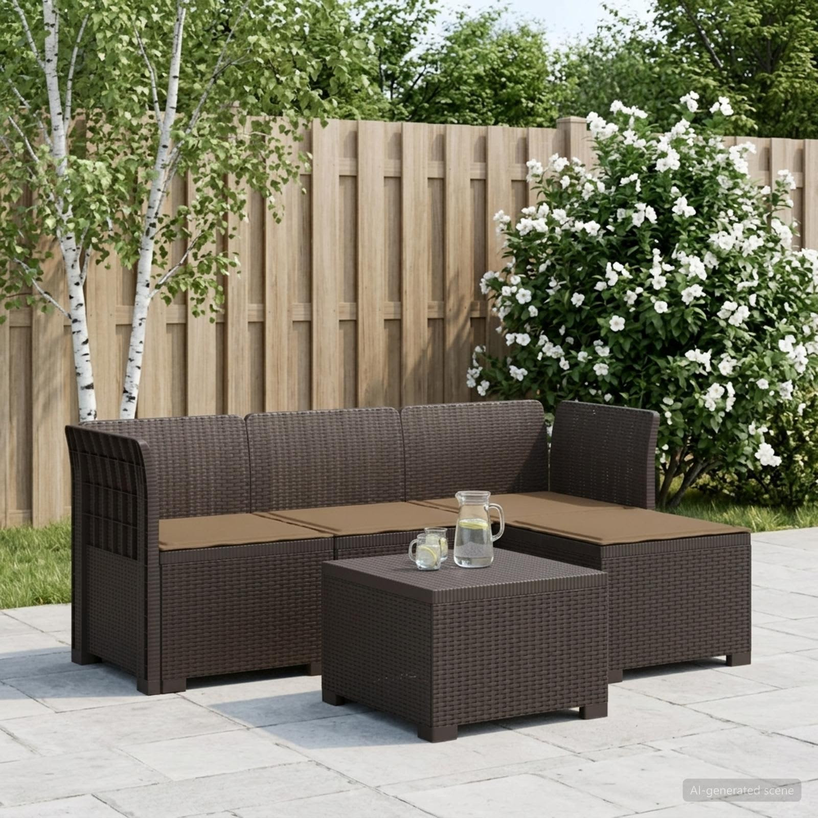 vidaXL 4-Sitzer Garten Sofa mit Kissen Rattan Look PP Braun