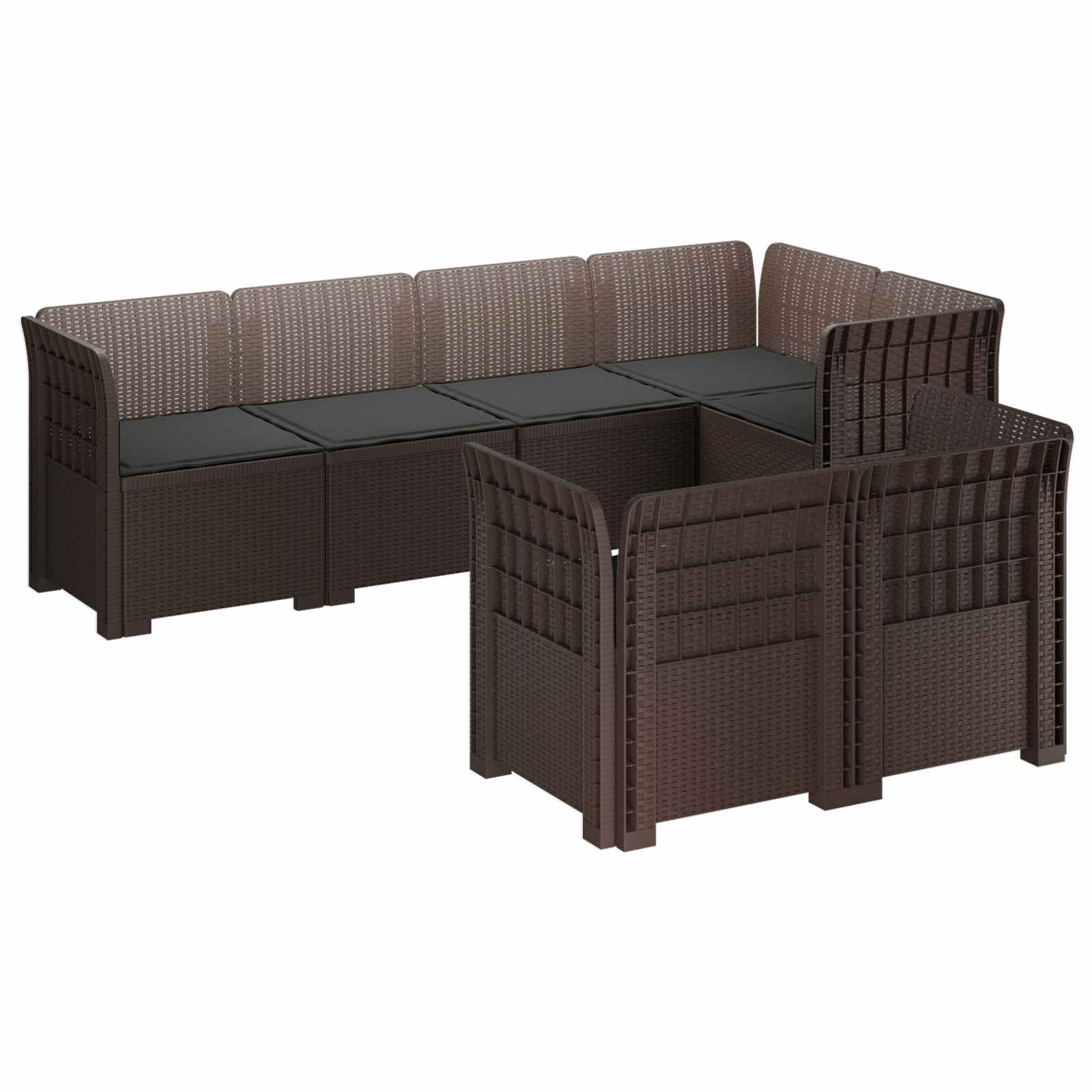 vidaXL 7-Sitzer Gartensofa mit Kissen Rattan-Look PP Braun