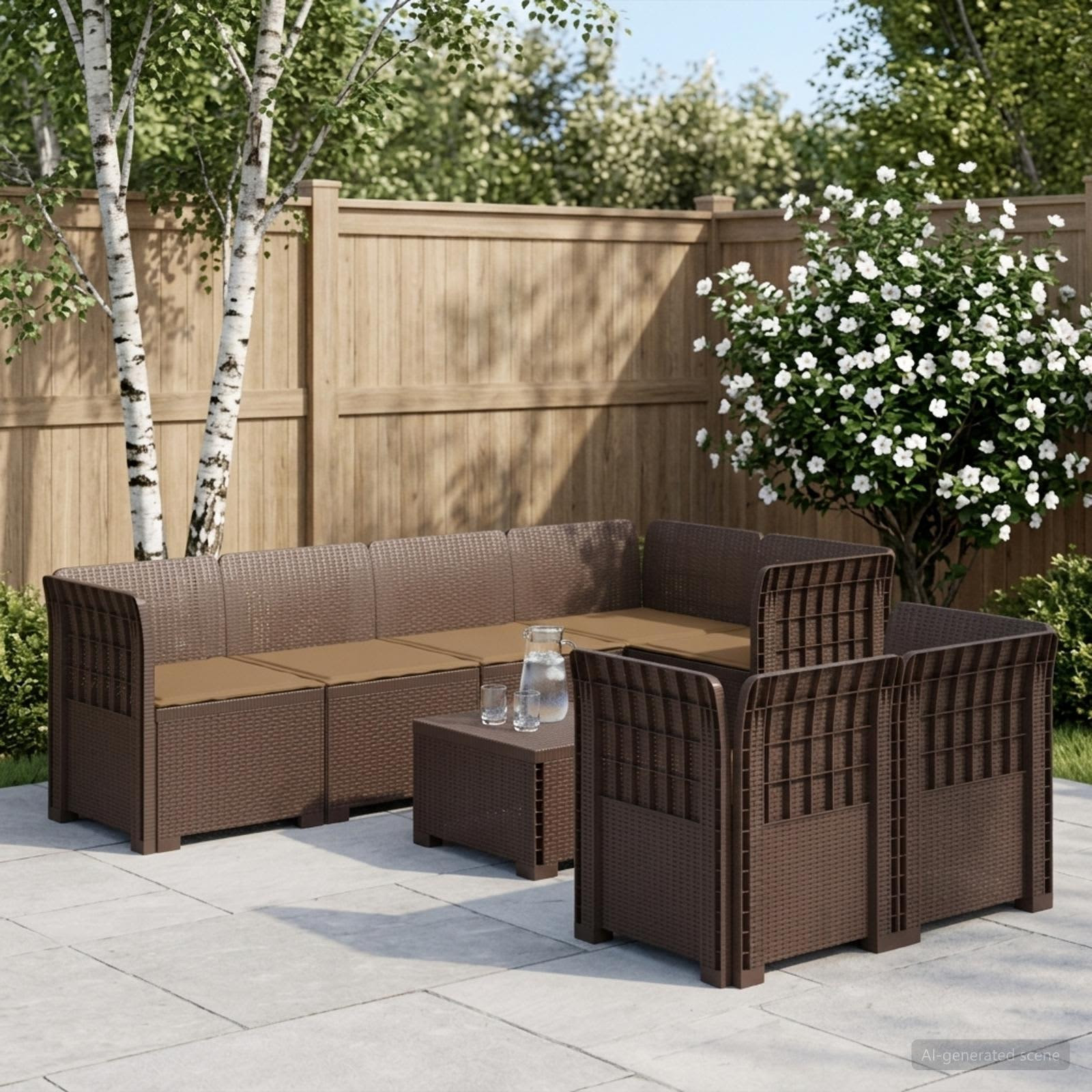 vidaXL 7-Sitzer Gartensofa mit Kissen Rattan-Look PP Braun