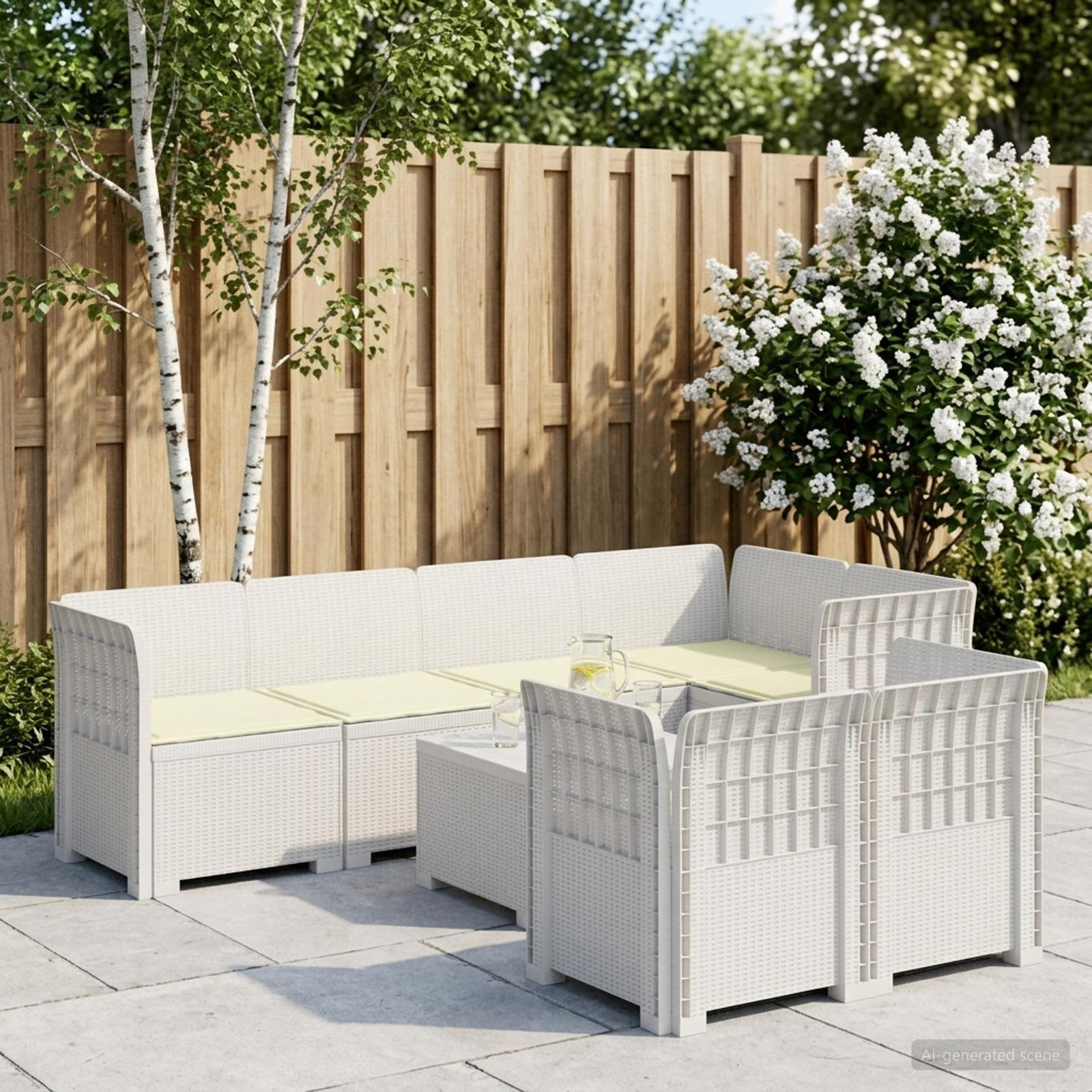 vidaXL 7-Sitzer Gartensofa mit Kissen Rattan-Look PP Weiß
