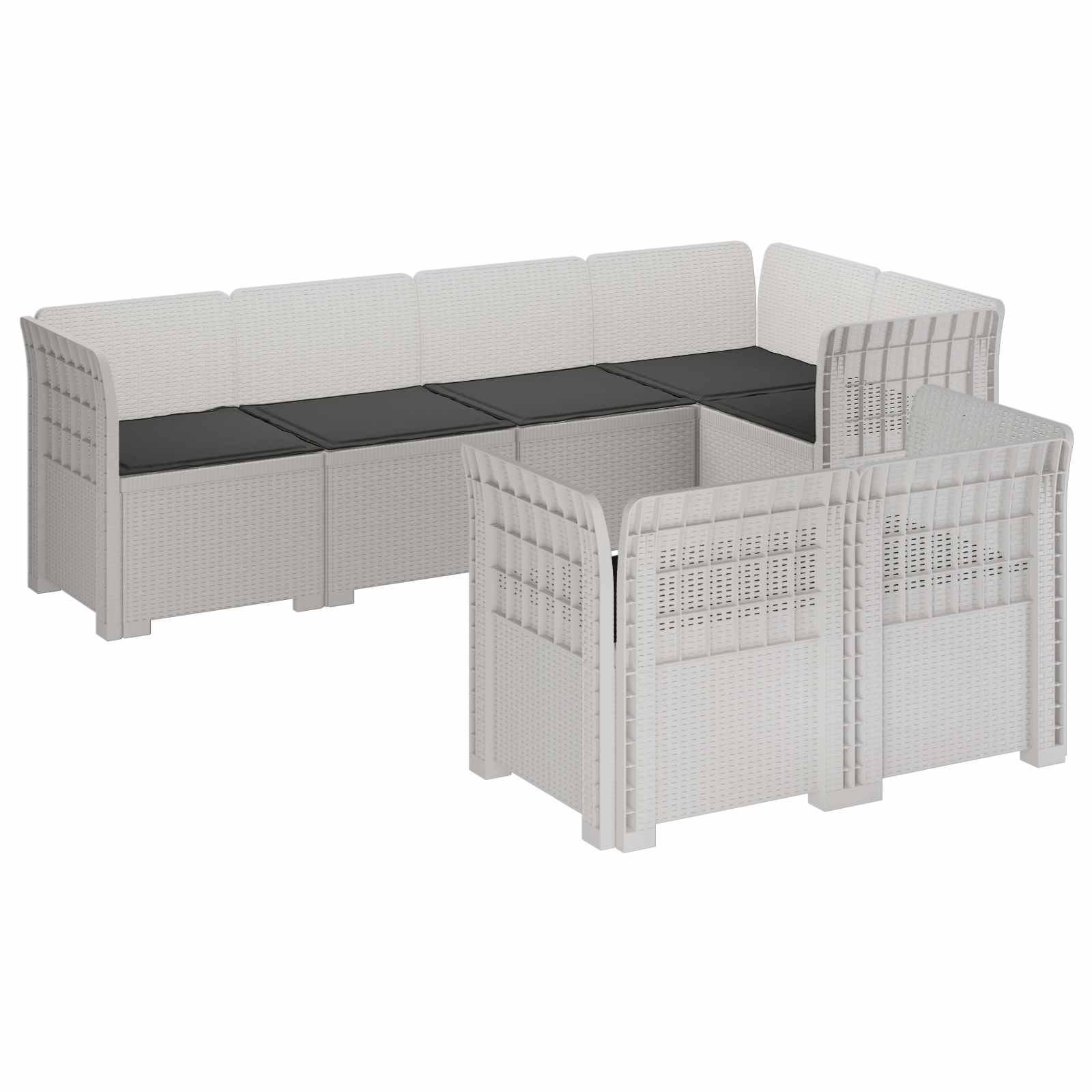vidaXL 7-Sitzer Gartensofa mit Kissen Rattan-Look PP Weiß