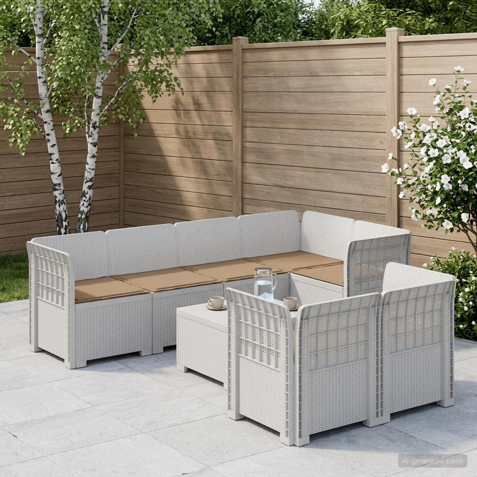 vidaXL 7-Sitzer Gartensofa mit Kissen Rattan-Look PP Weiß