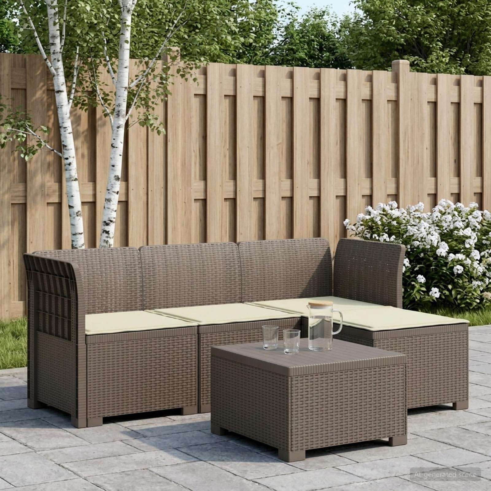 vidaXL 4-Sitzer Garten Sofa mit Kissen Rattan Look PP Hellgrau