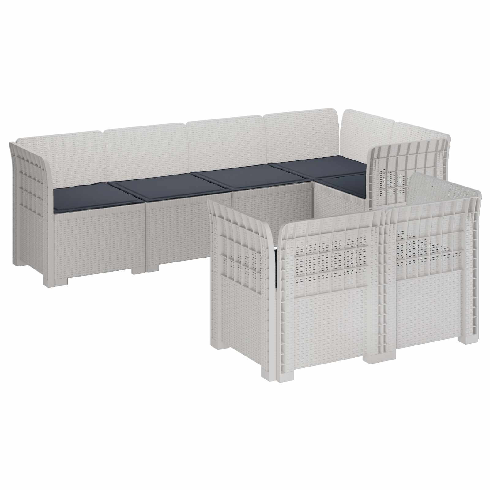vidaXL 7-Sitzer Gartensofa mit Kissen Rattan-Look PP Weiß