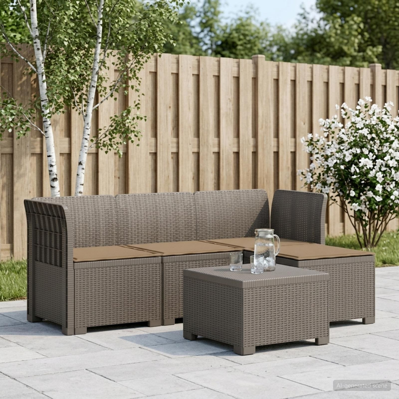 vidaXL 4-Sitzer Garten Sofa mit Kissen Rattan Look PP Hellgrau