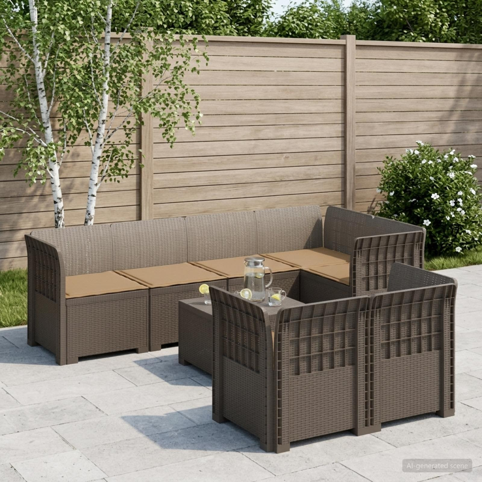 vidaXL 7-Sitzer Gartensofa mit Kissen Rattan-Look PP Hellgrau