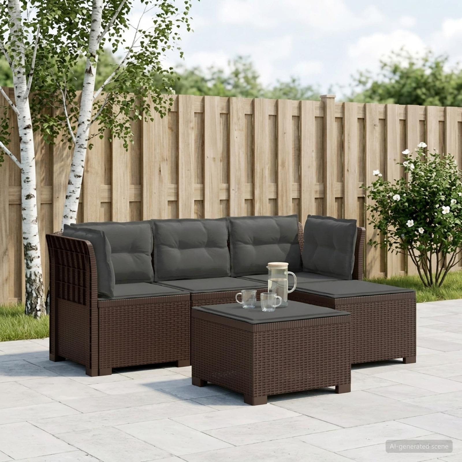 vidaXL 4-Sitzer Garten Sofa mit Kissen Rattan Look PP Braun