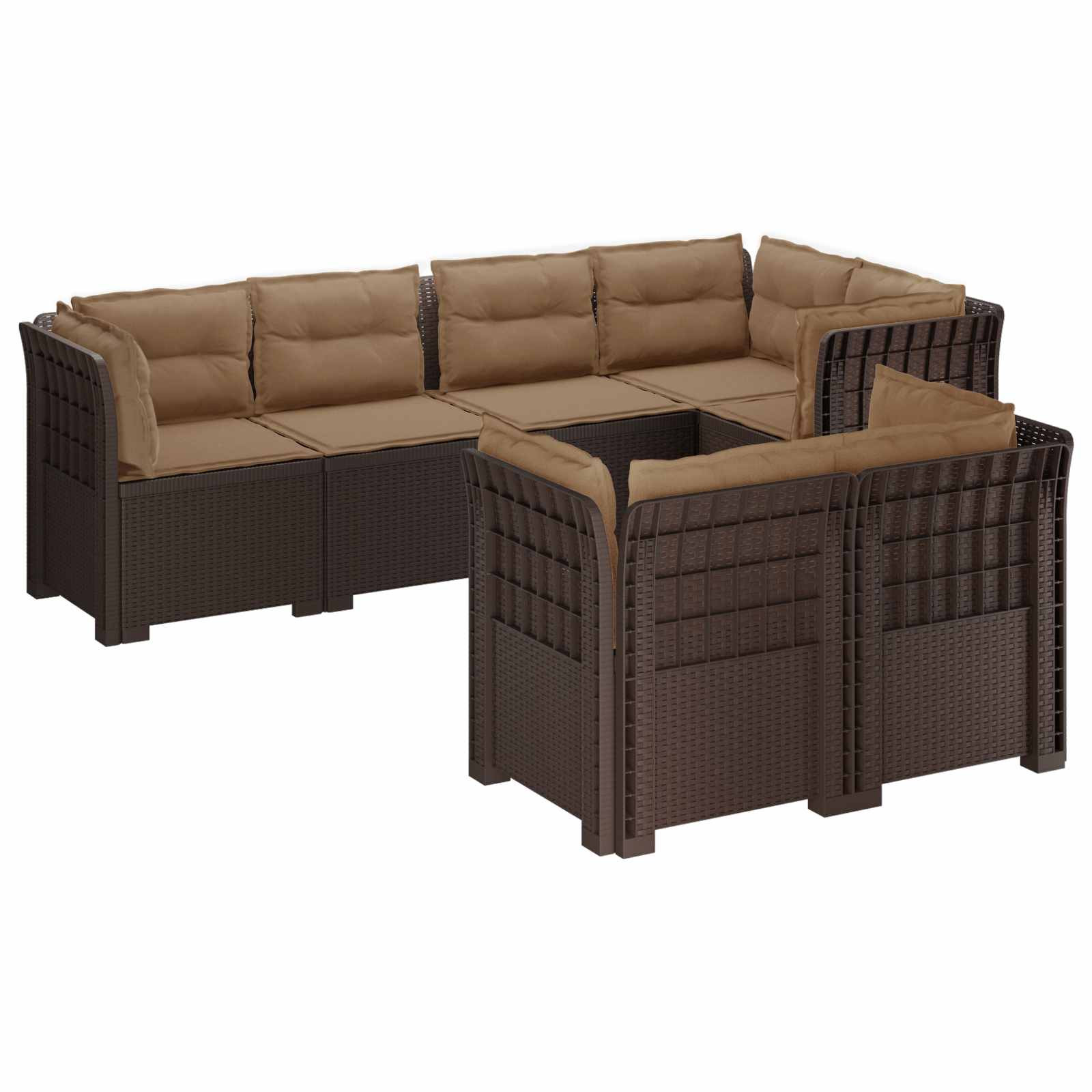 vidaXL 7-Sitzer Gartensofa mit Kissen Rattan-Look PP Braun