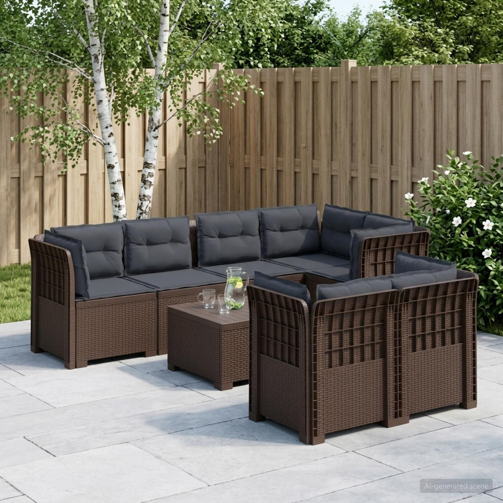 vidaXL 7-Sitzer Gartensofa mit Kissen Rattan-Look PP Braun