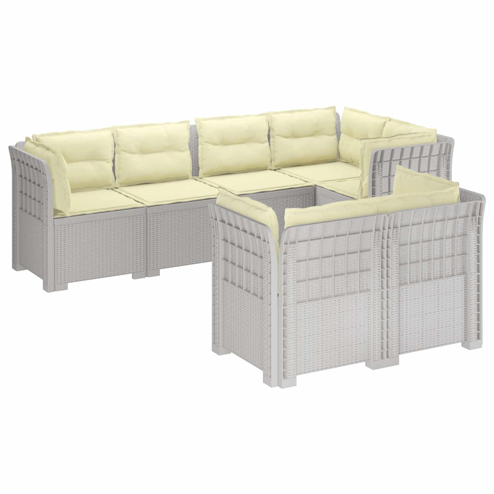 vidaXL 7-Sitzer Gartensofa mit Kissen Rattan-Look PP Weiß