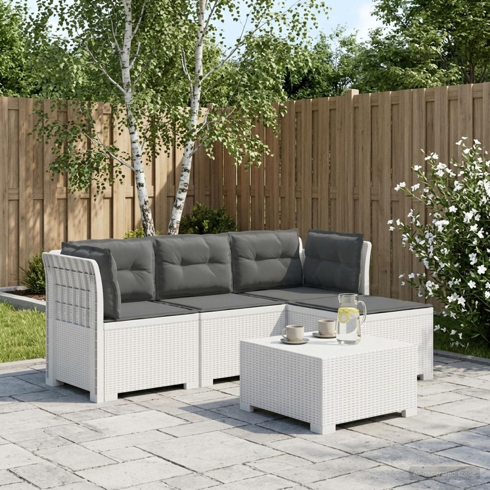 vidaXL 4-Sitzer Garten Sofa mit Kissen Rattan Look PP Weiß